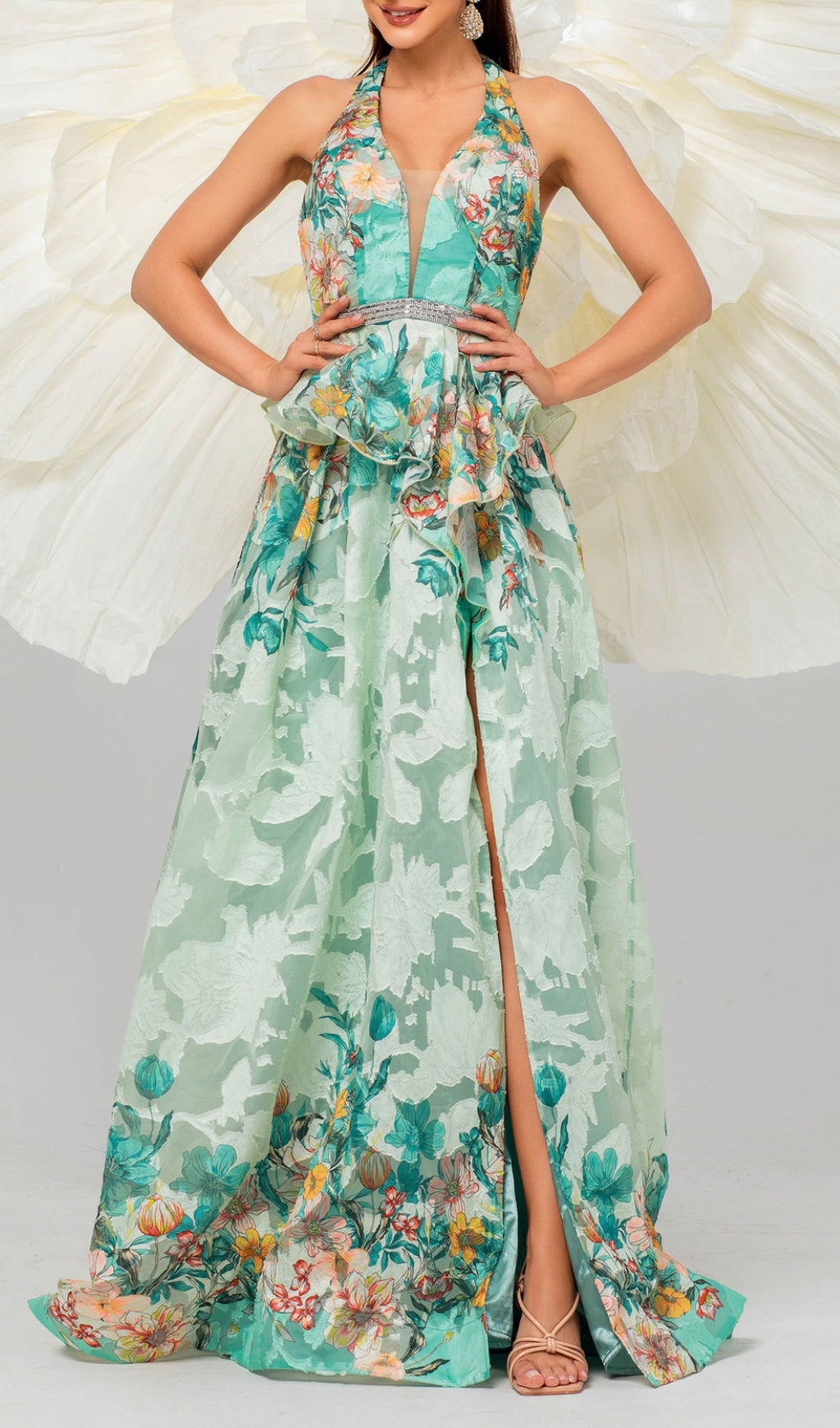 Brona Green Halter Floral Printed Maxi Dress
