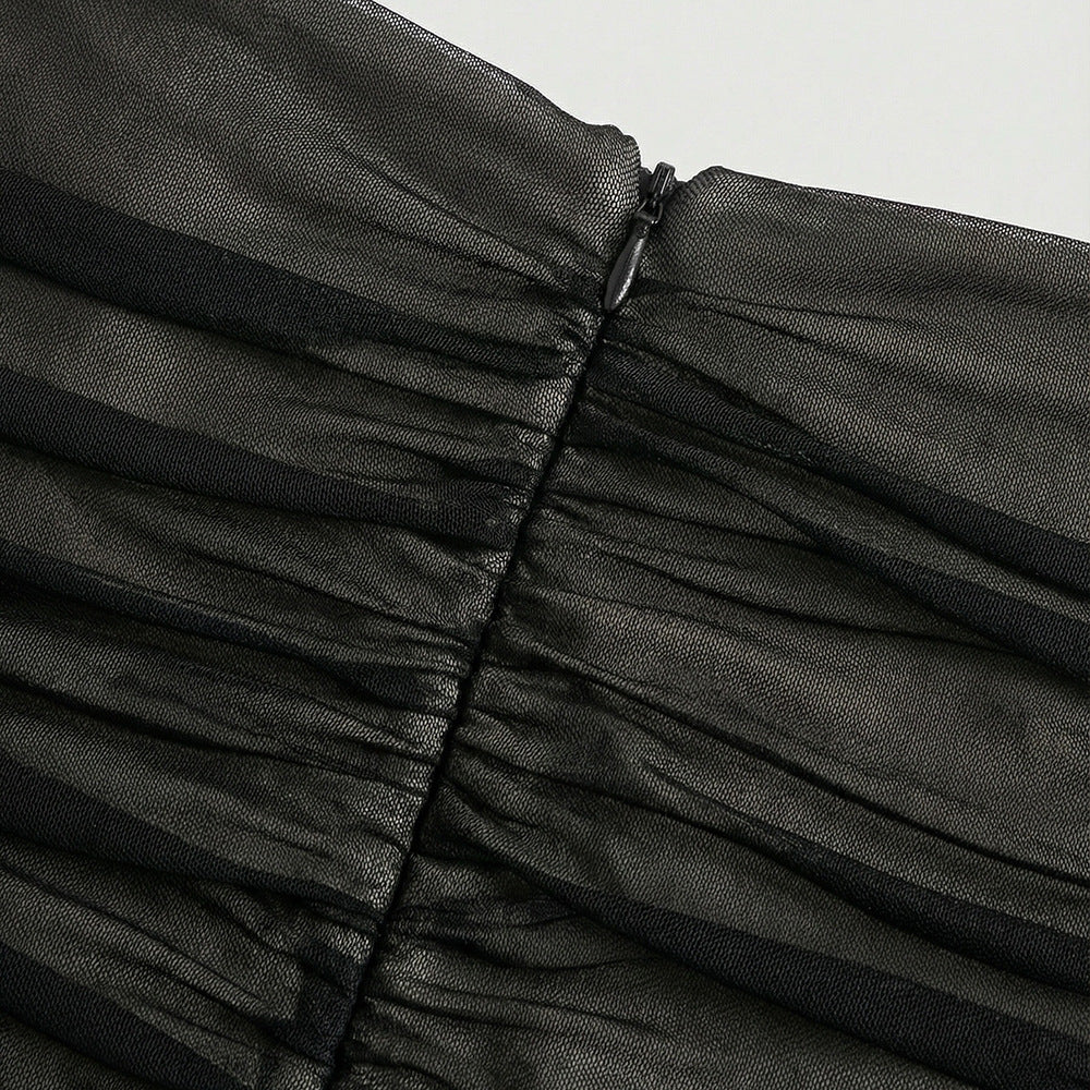 Jadzia Black Halter Ruched Mesh Maxi Dress – Elegant Evening Gown for Special Occasions