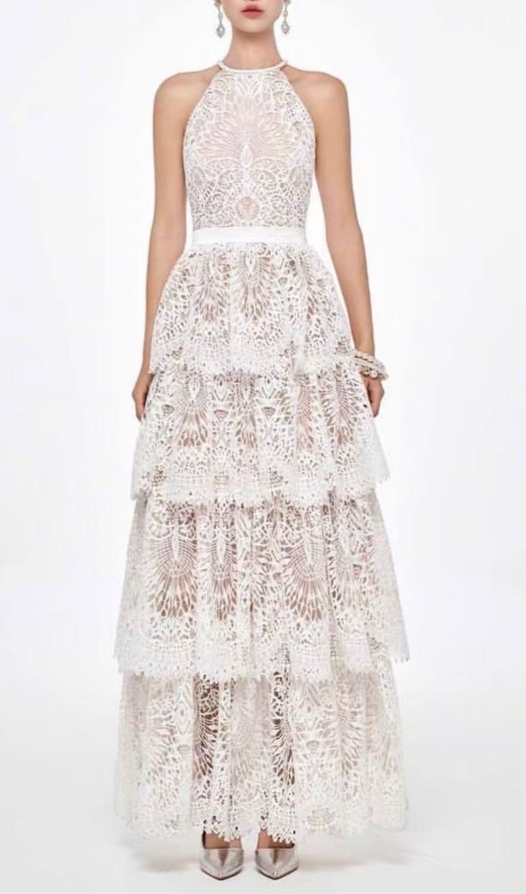 Kaylana Halter Embroidered Lace Tiered Maxi Dress - Boho Chic Wedding Guest Gown