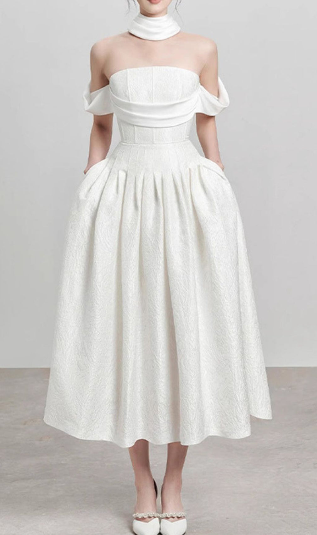 Jela Elegant White Corset Off-Shoulder Midi Dress with Pockets