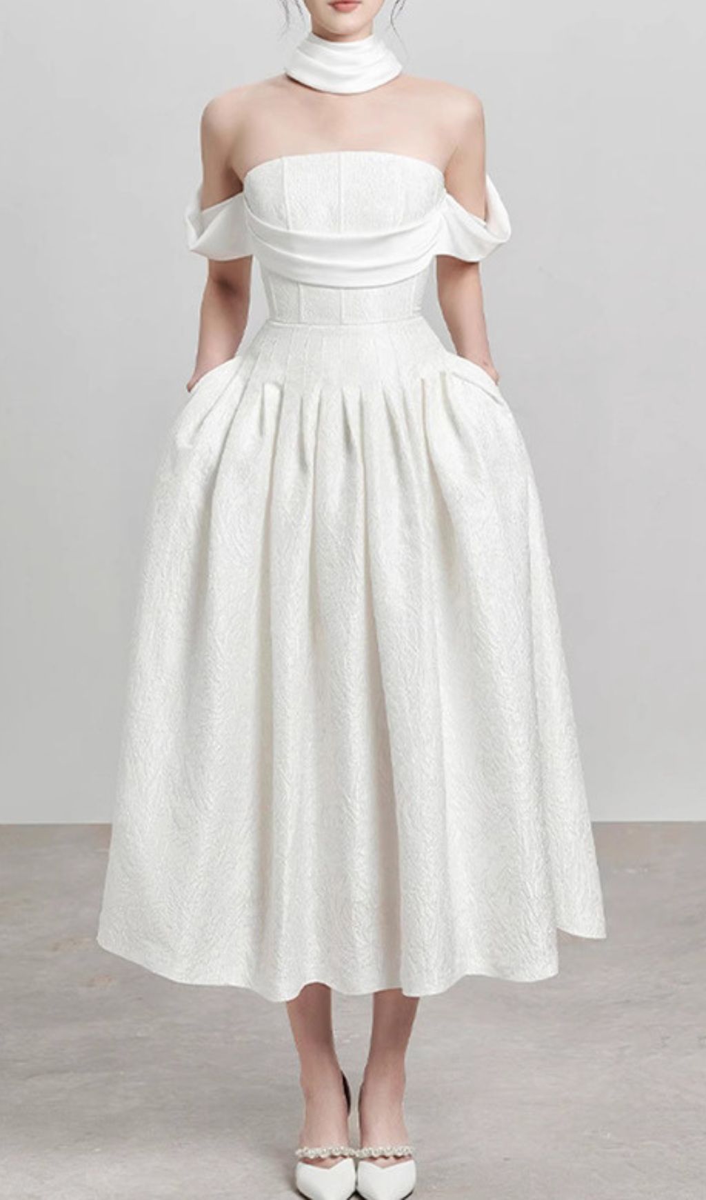 Jela Elegant White Corset Off-Shoulder Midi Dress with Pockets