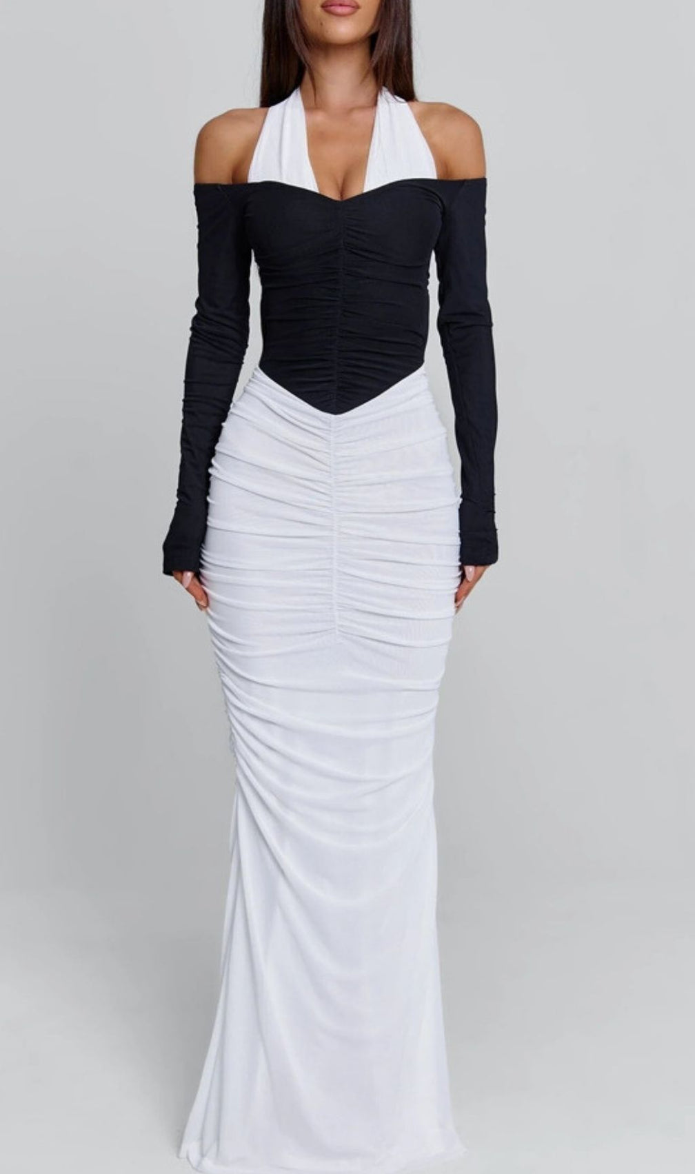Kapri Elegant Two-Tone Halter & Off-Shoulder Ruched Maxi Dress