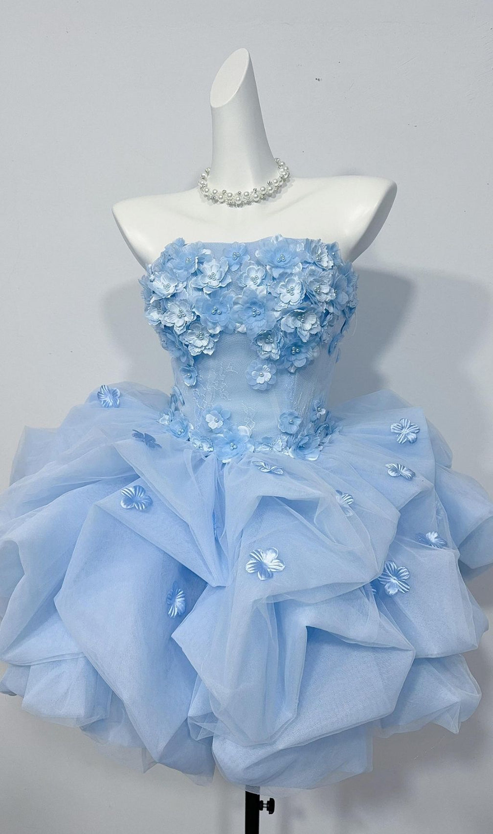 Krista Blue Strapless Flower Mini Dress