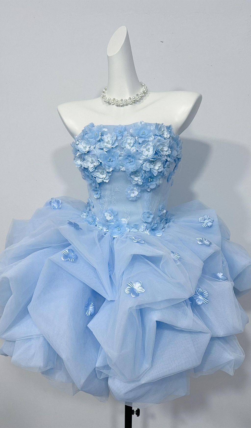 Krista Blue Strapless Flower Mini Dress