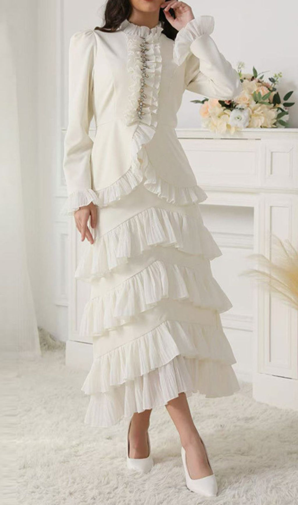 Ignace Elegant Ruffle Two-Piece Set - Long Sleeve Top & Tiered Maxi Skirt
