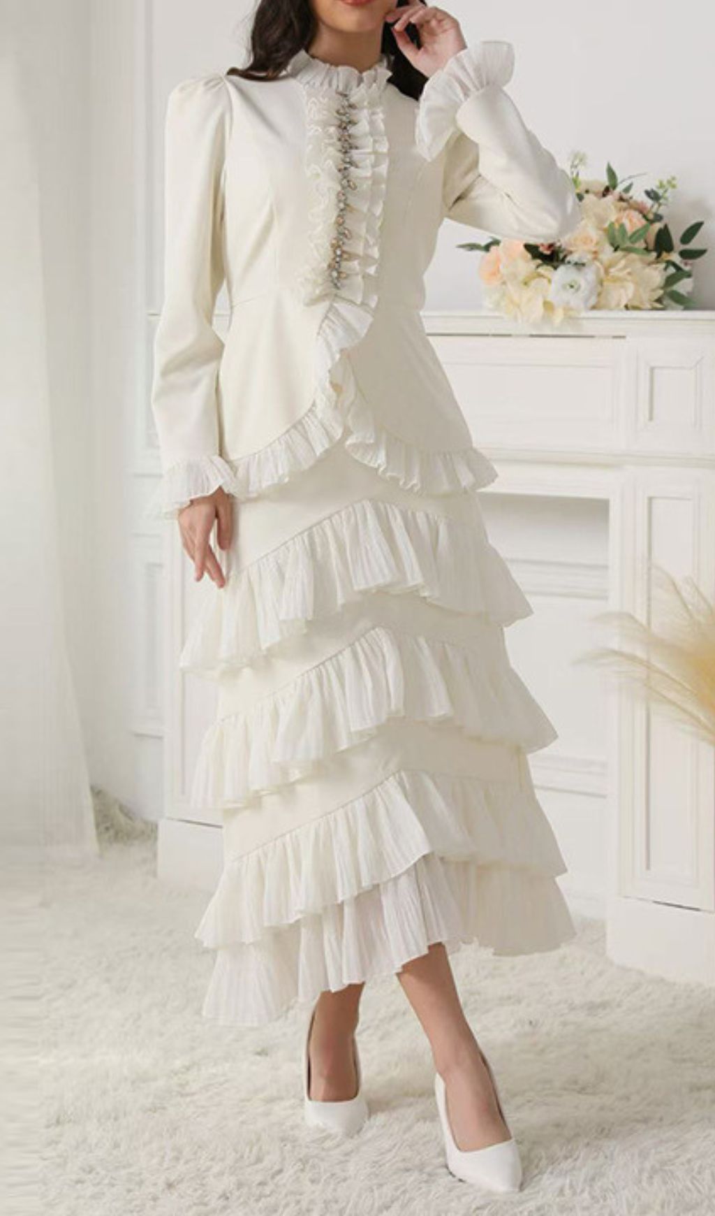 Ignace Elegant Ruffle Two-Piece Set - Long Sleeve Top & Tiered Maxi Skirt