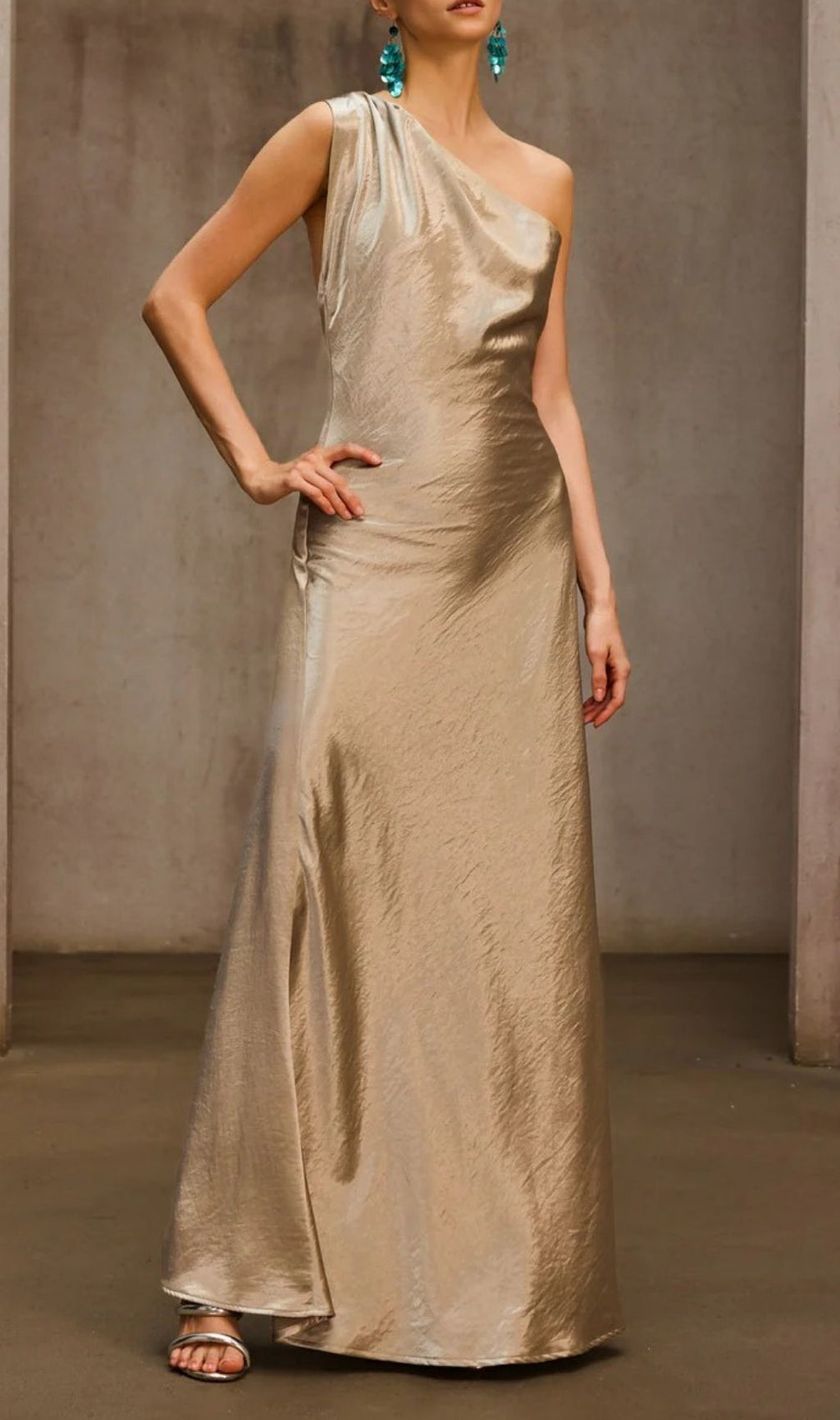 Phaelion Champagne One Shoulder Maxi Dress