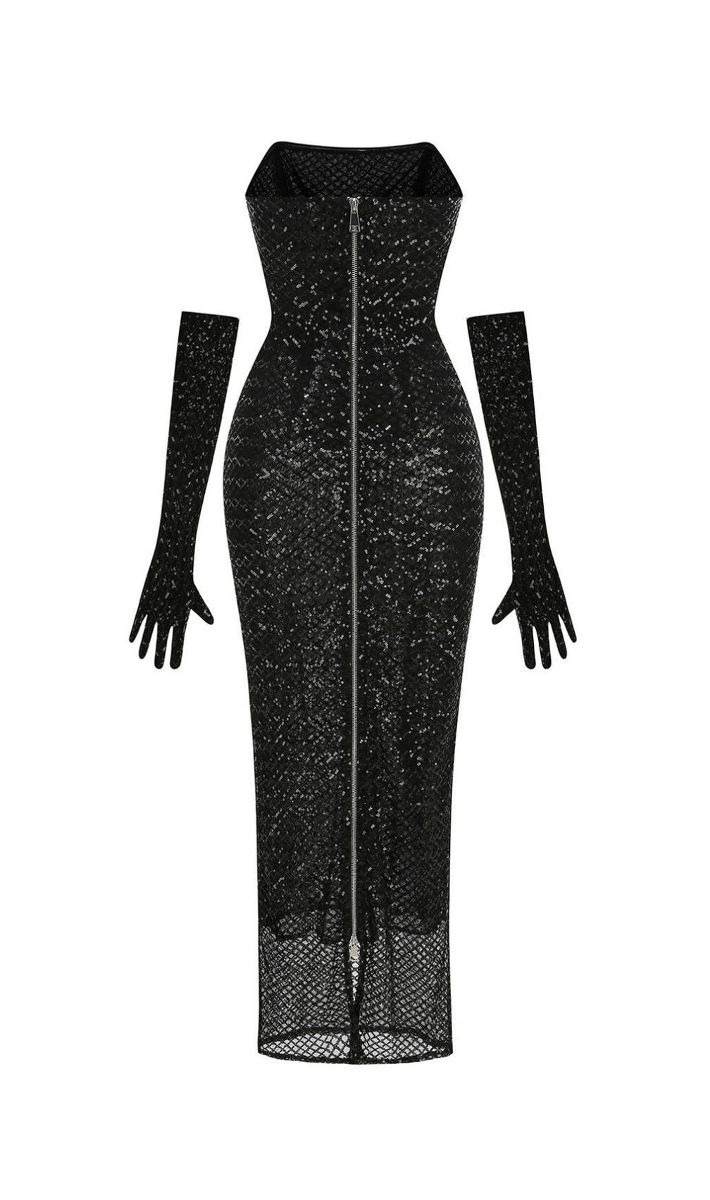 Glamorous Kelda Black Sequin Strapless Maxi Gown with Velvet Bow