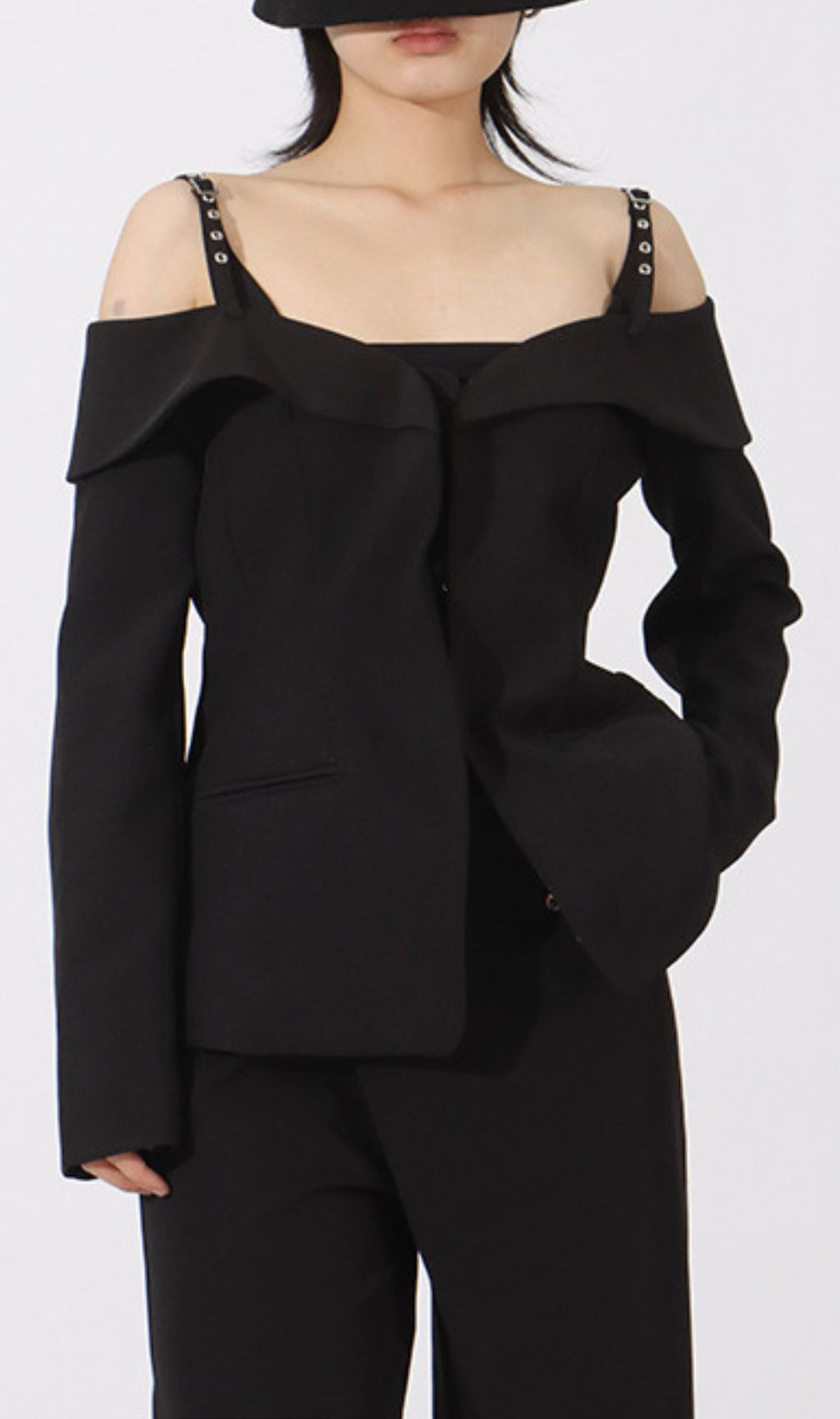 Idalee Black Off-Shoulder Blazer - Chic Tailored Jacket with Grommet Straps