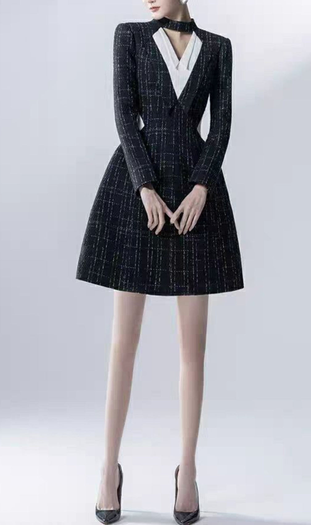 Halter V-Neck A-Line Jacket Dress In Black