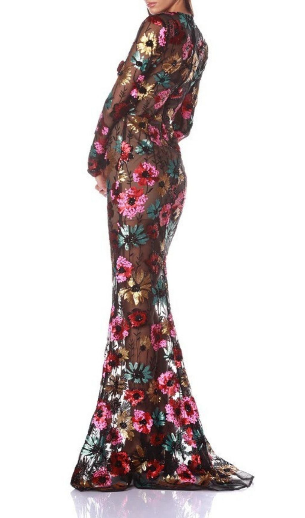 Kaoru Dazzling Sequin Floral Mesh Maxi Dress | Long Sleeve Evening Gown