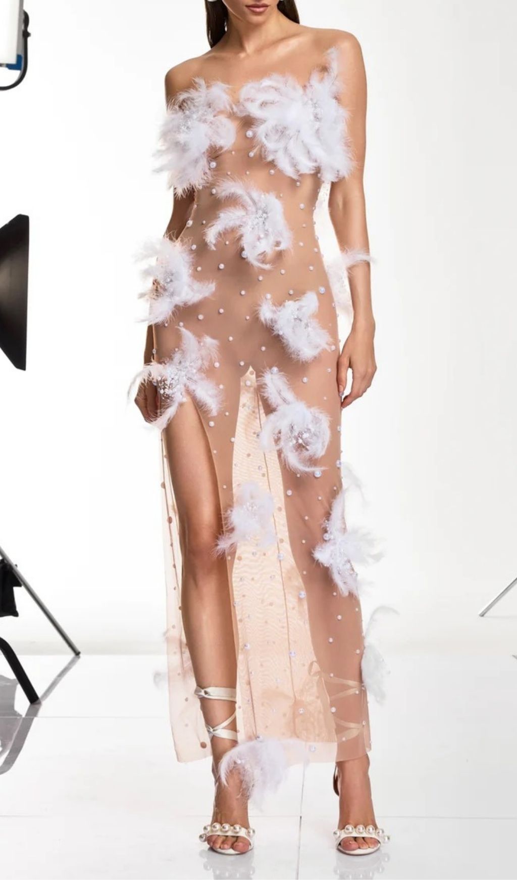 Droven Ethereal Feather & Pearl Strapless Maxi Dress