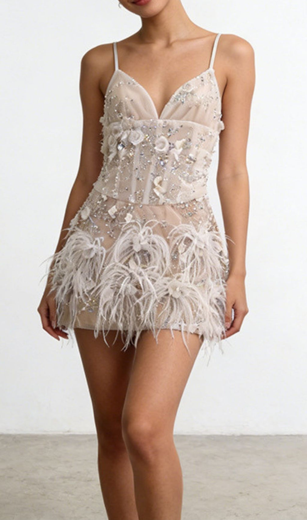Kenza Sparkle & Feather Mini Dress - Glamorous Strappy Embellished Cocktail Dress