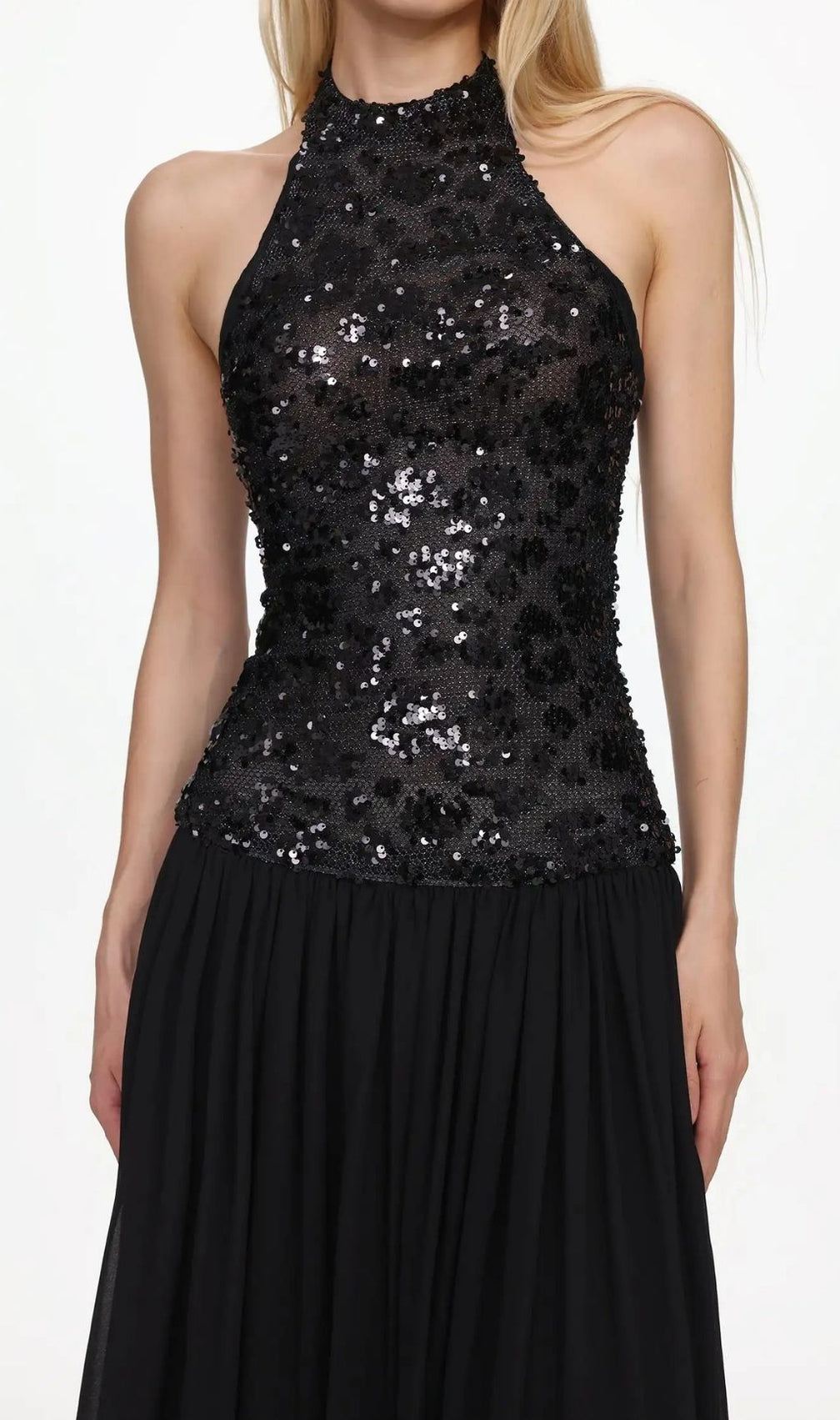 Encho Halter Ruched Mesh Sequin Maxi Dress