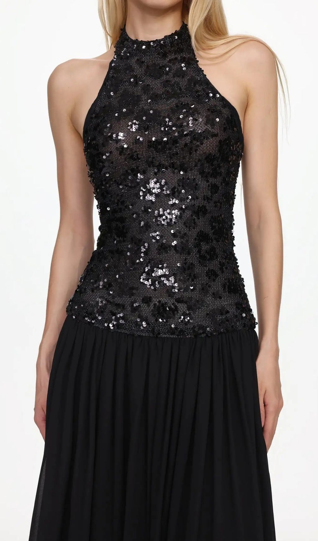 Encho Halter Ruched Mesh Sequin Maxi Dress