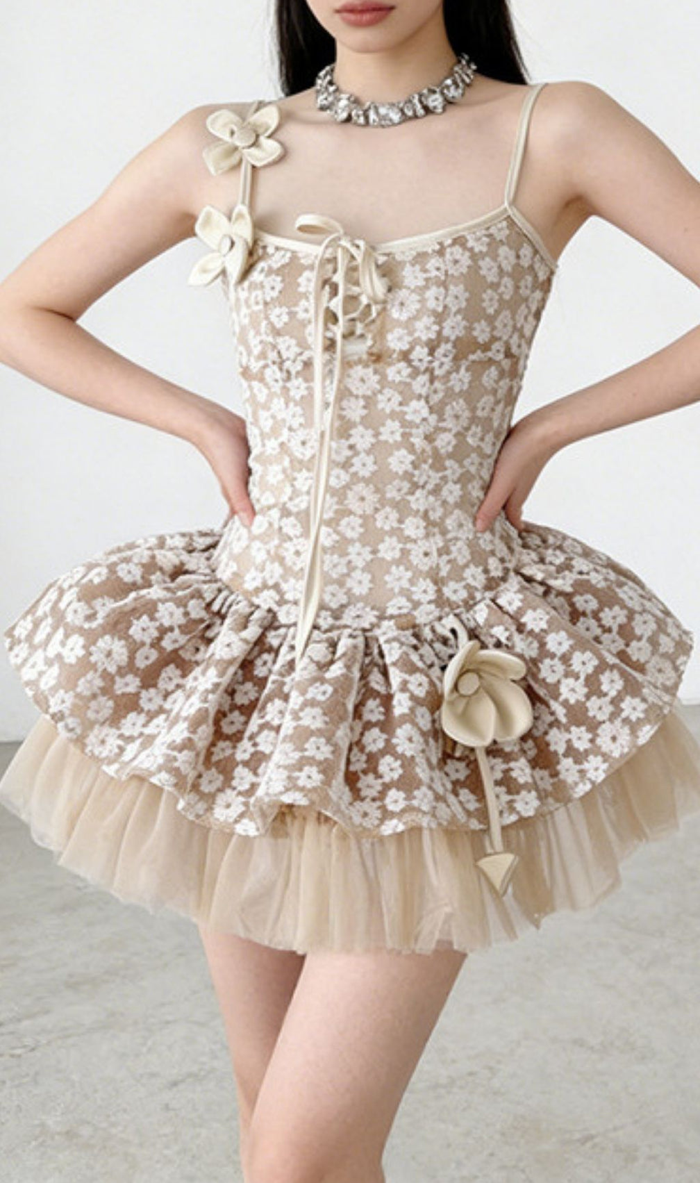 Kerstin Whimsical Floral Mesh Mini Dress | Ethereal Lace-Up Babydoll