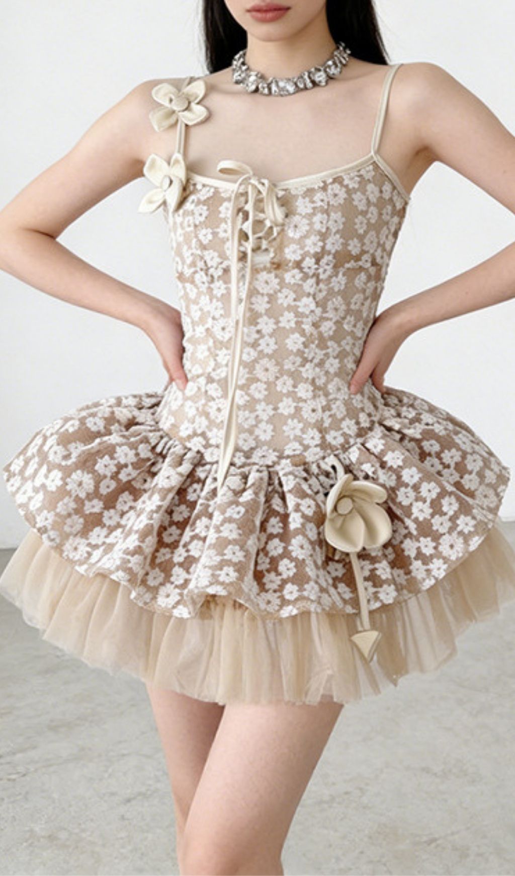 Kerstin Whimsical Floral Mesh Mini Dress | Ethereal Lace-Up Babydoll