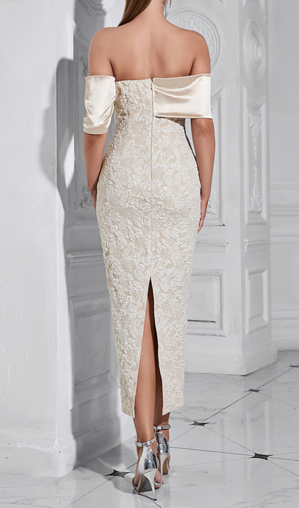 Cira Off-Shoulder Jacquare Midi Dress