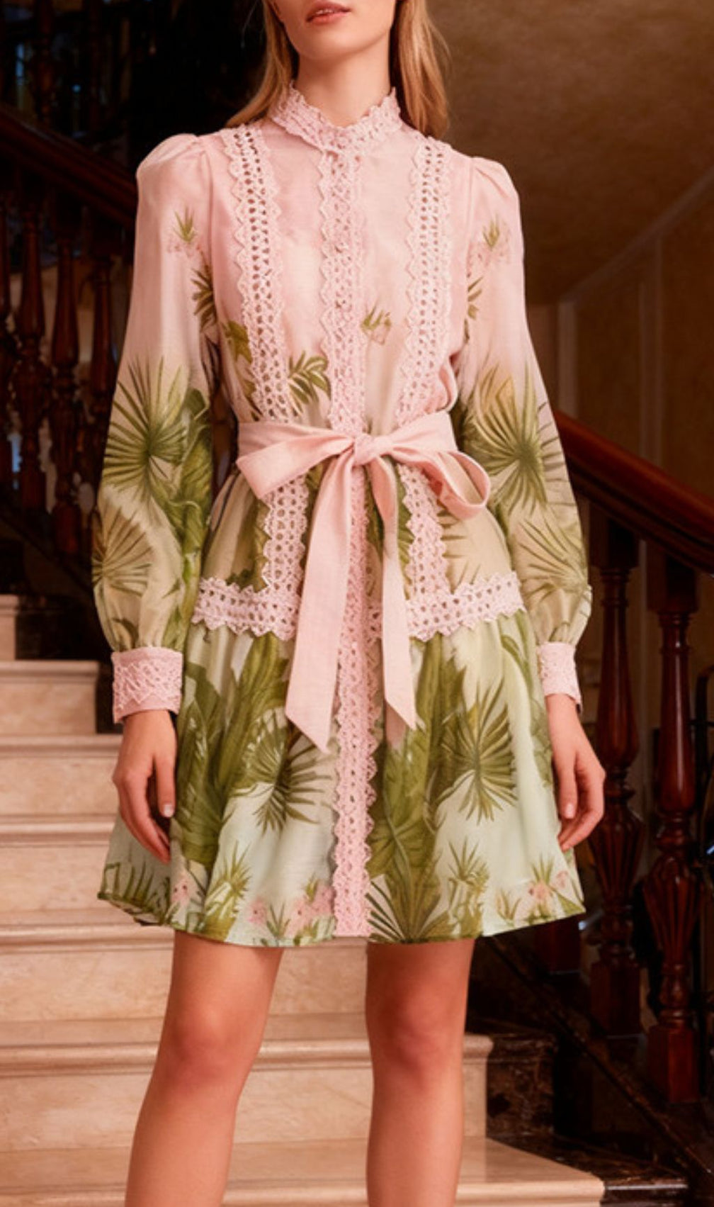 Justina Tropical Charm Mini Dress: Chic Lace & Long Sleeve Style