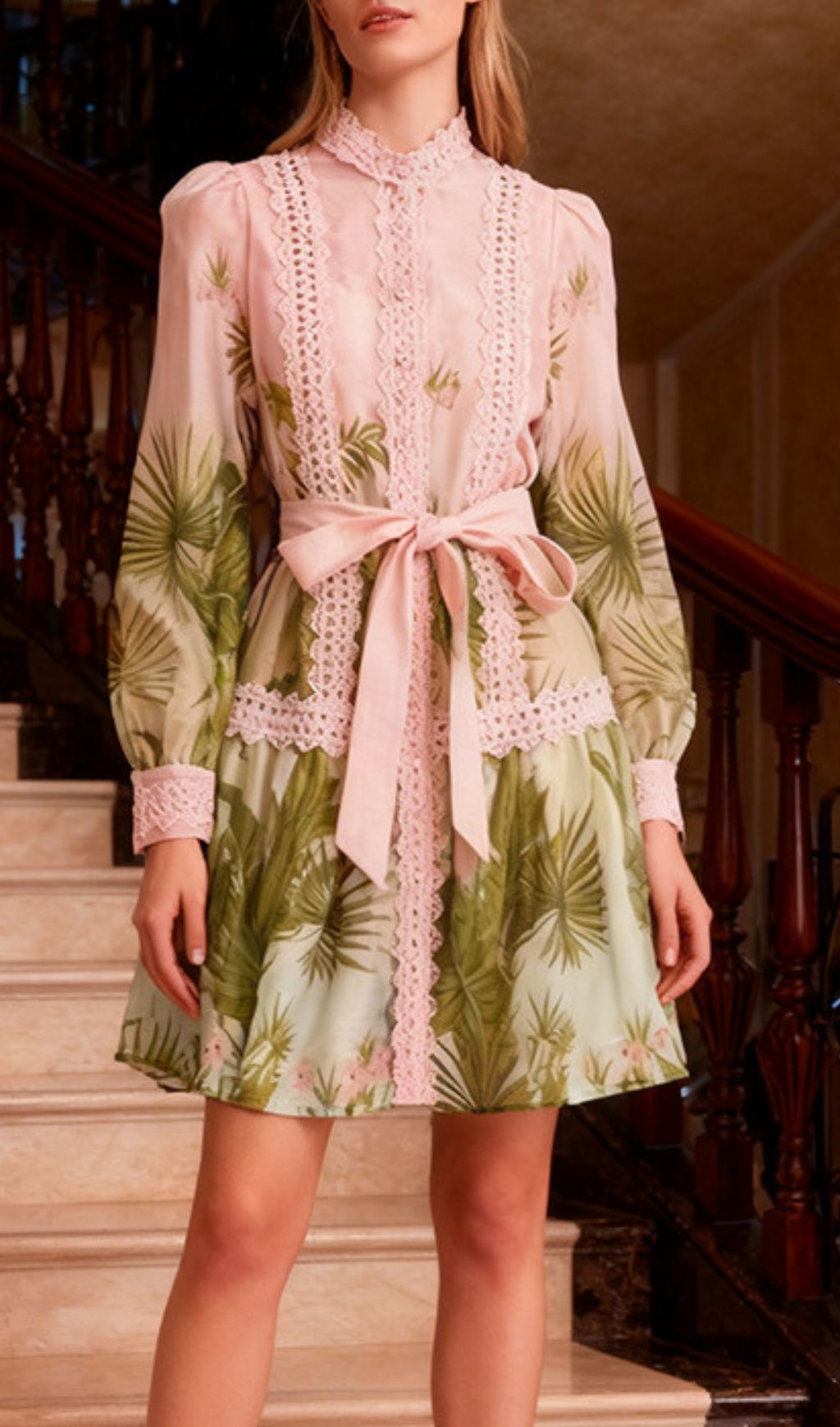 Justina Tropical Charm Mini Dress: Chic Lace & Long Sleeve Style