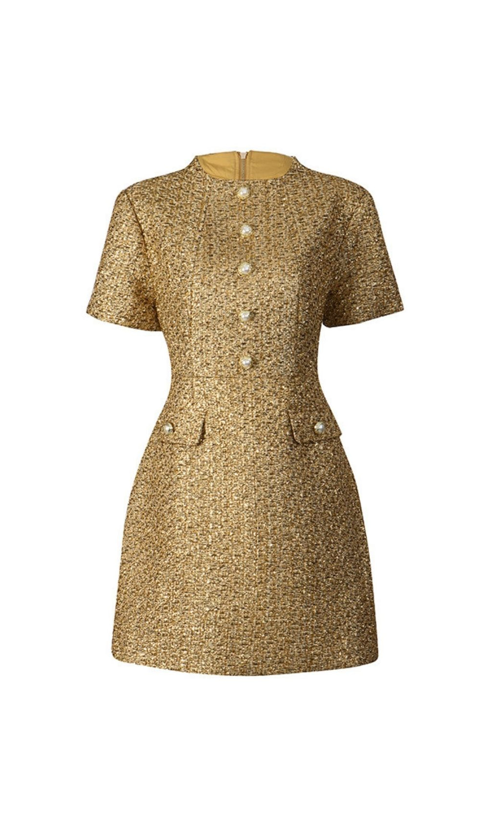 Keyla Luxe Gold Tweed Mini Dress with Pearl Buttons - Chic Party & Cocktail Attire