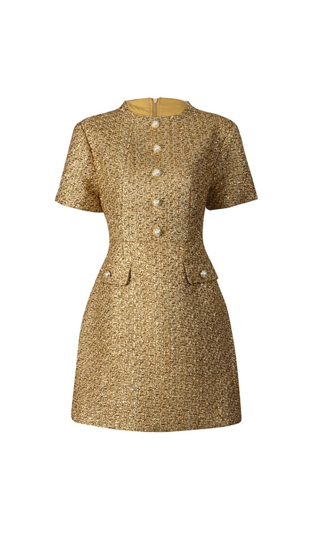Keyla Luxe Gold Tweed Mini Dress with Pearl Buttons - Chic Party & Cocktail Attire