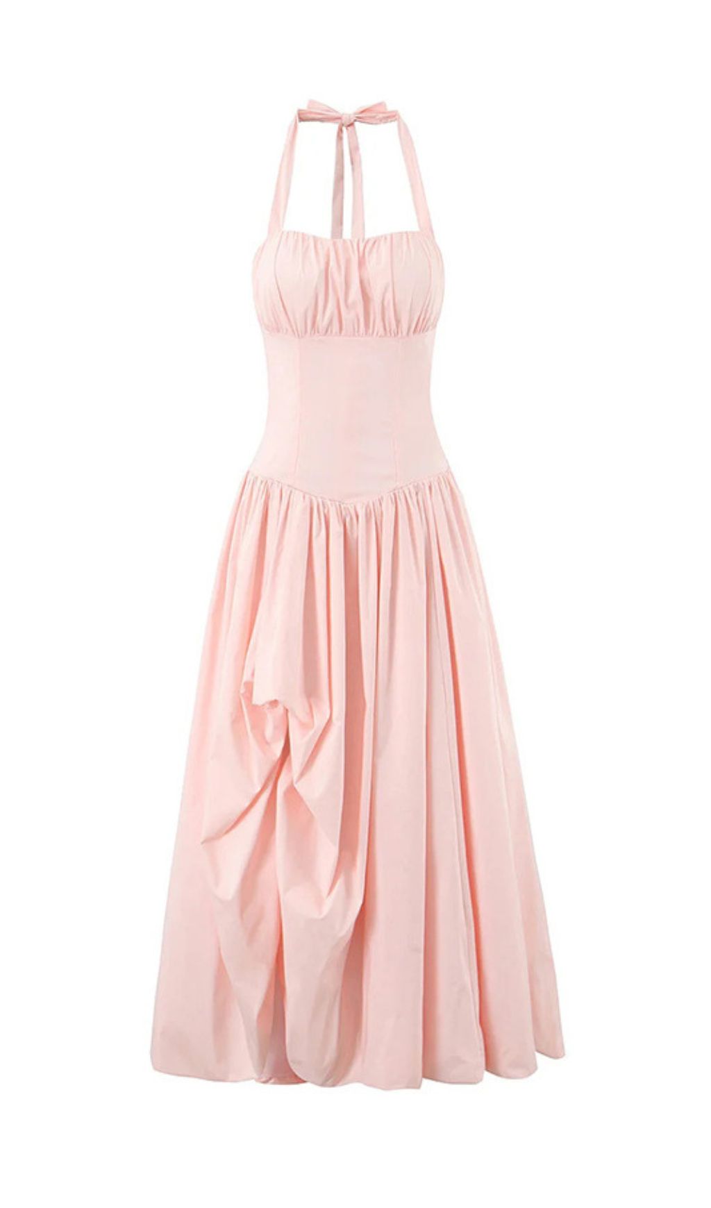 Judas Halter Maxi Dress: Elegant Blush Pink Gown with High Slit & Sculptural Volume