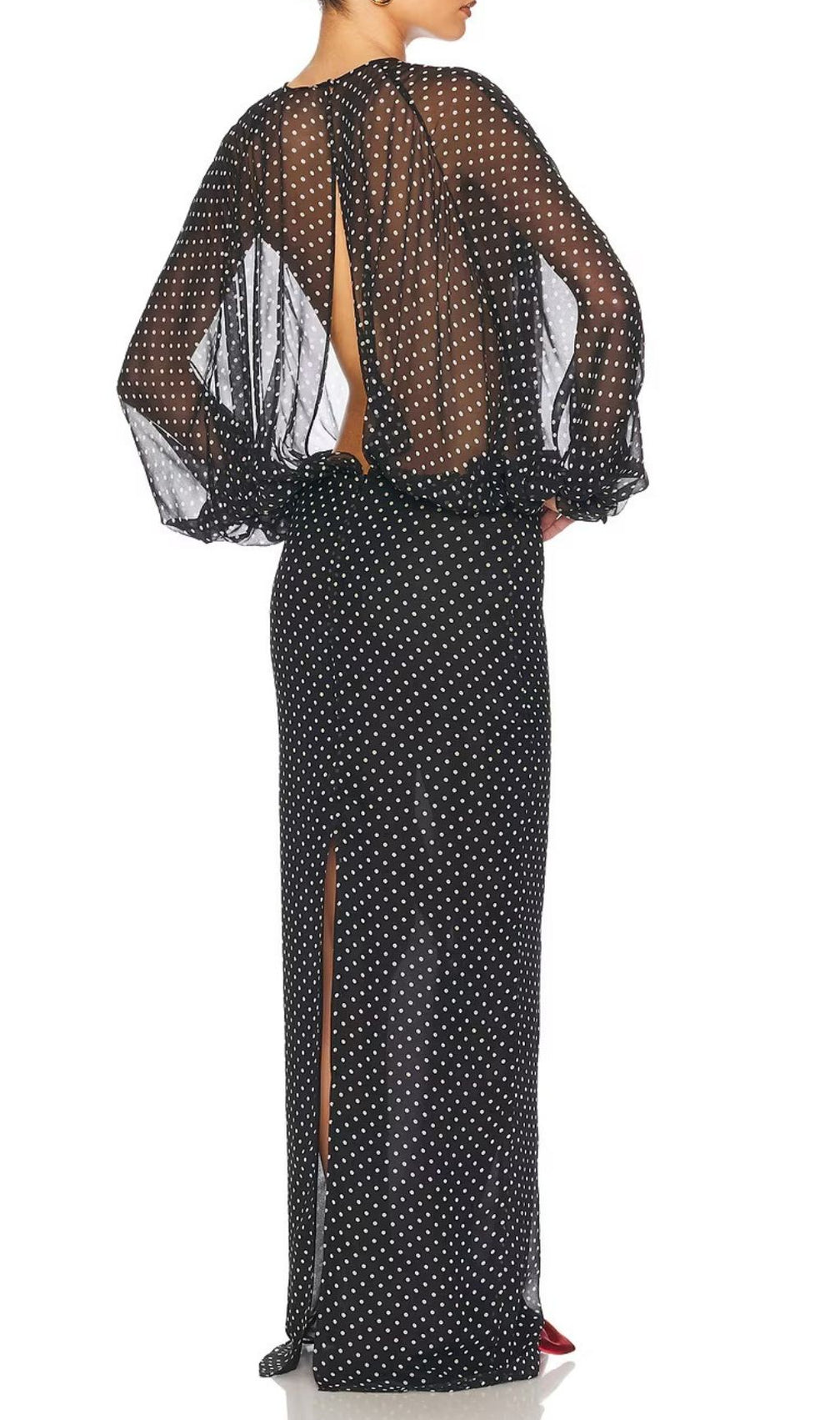 Chic Sheer Polka Dot Long Sleeve Maxi Dress - Black