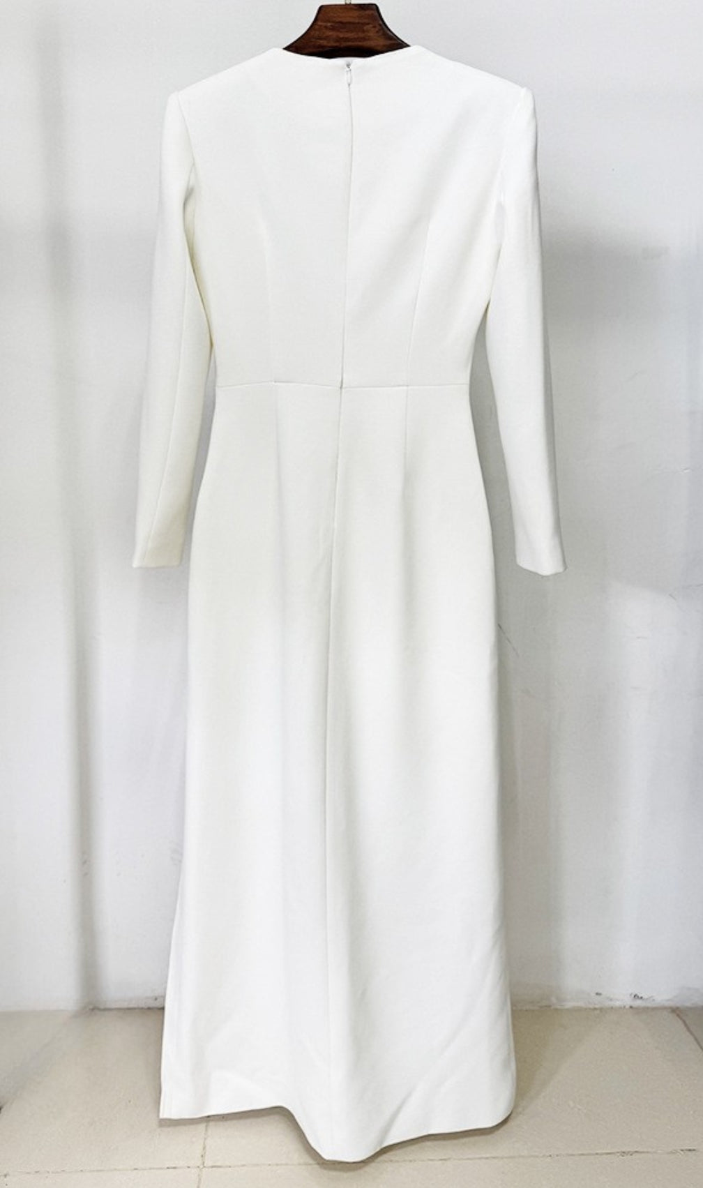 Graeme White Beaded Flower Long Sleeve Maxi Dress