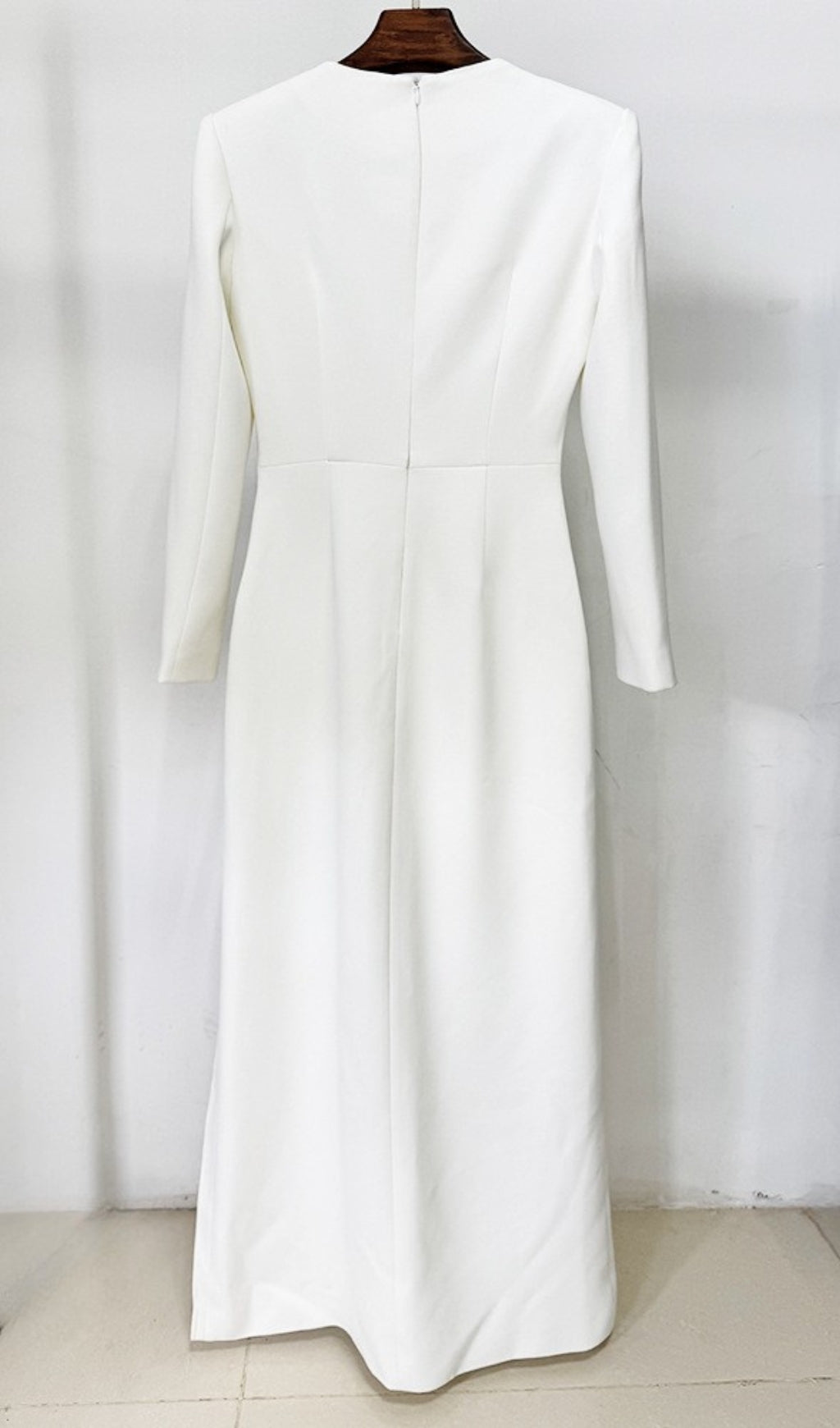 Graeme White Beaded Flower Long Sleeve Maxi Dress