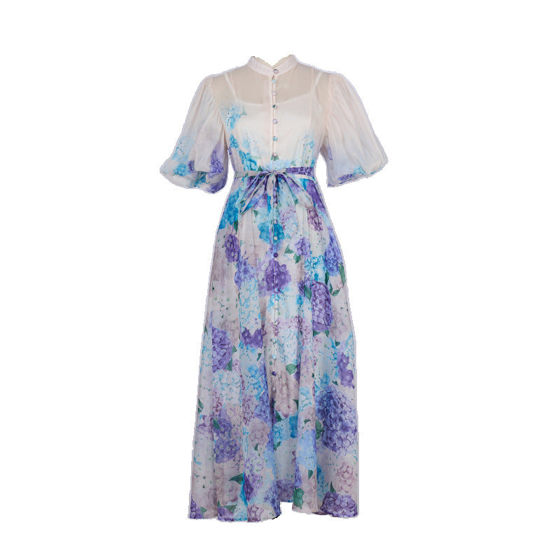 Pink Floral Print Mandarin Collar Chiffon Maxi Dress