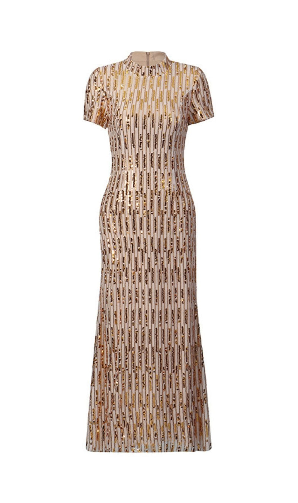 Keyah Gold Sequin Mock Neck Midi Dress - Dazzling Short Sleeve Party Gown