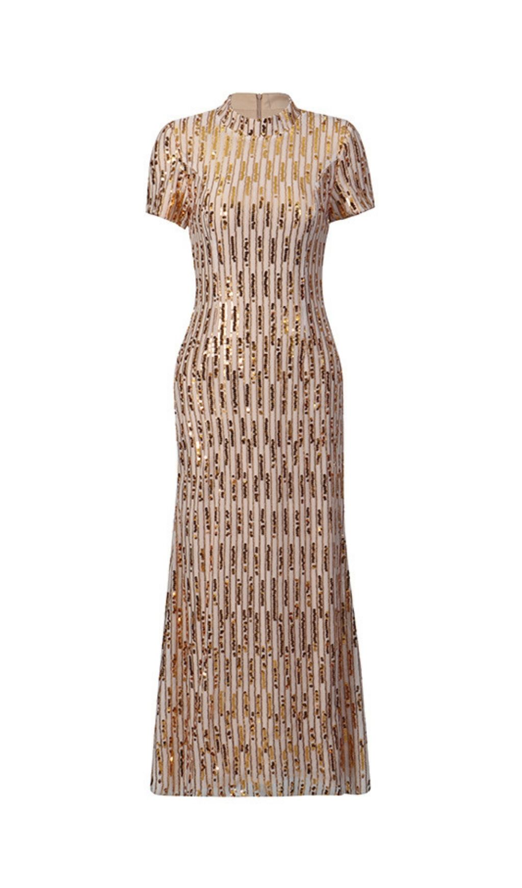 Keyah Gold Sequin Mock Neck Midi Dress - Dazzling Short Sleeve Party Gown
