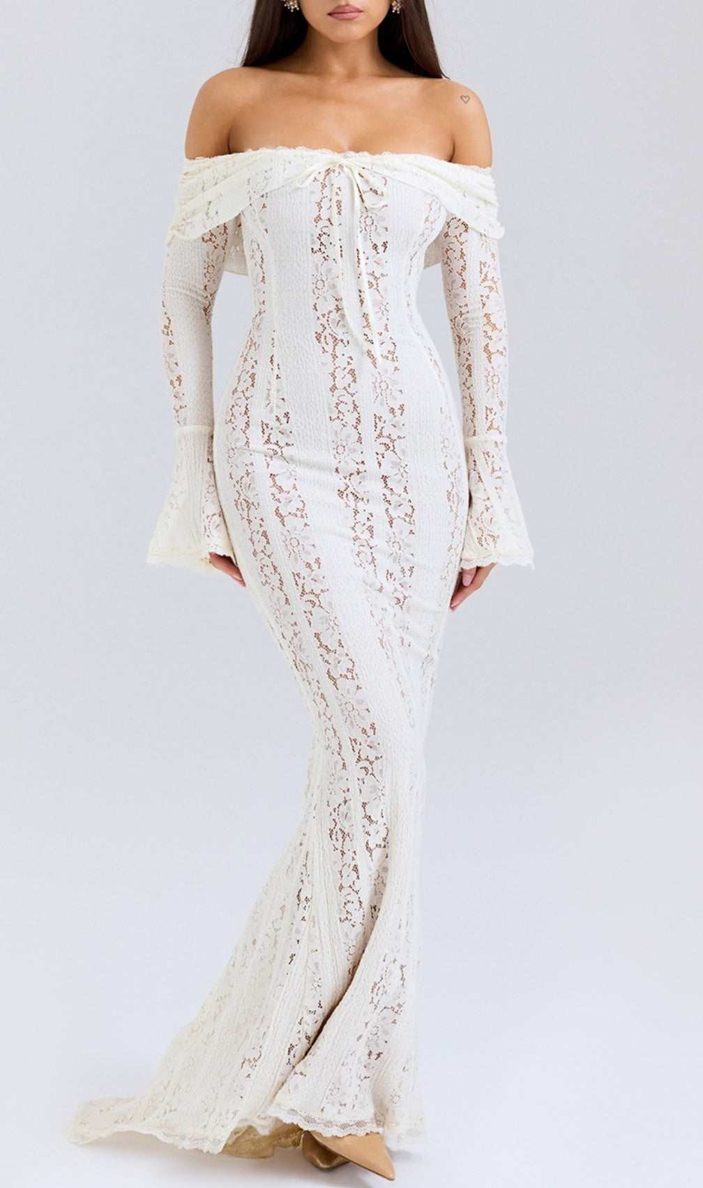Clarissa White Flared Sleeve Lace Maxi Dress