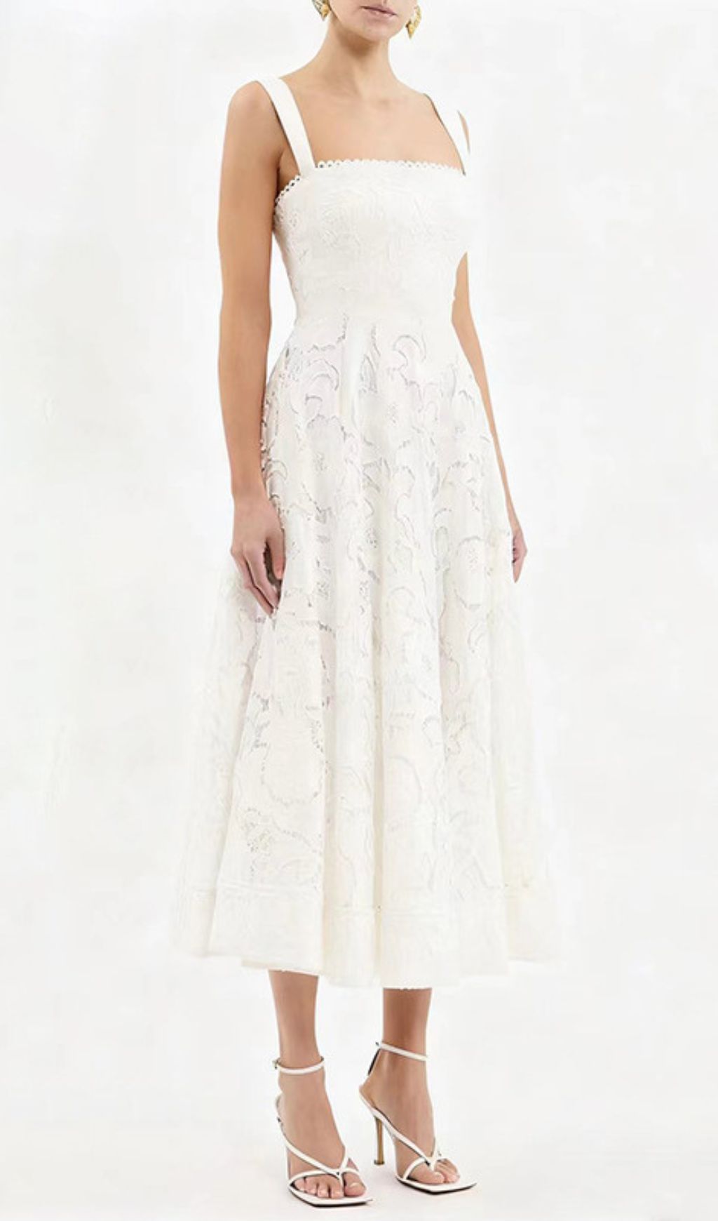 Jenelle Elegant White Floral Embroidered Midi Dress | Strappy Square Neck for Summer Events