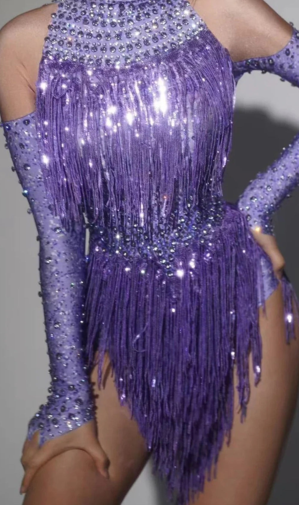 Lakendra Long Sleeve Crystal Fringe Bodysuit In Purple