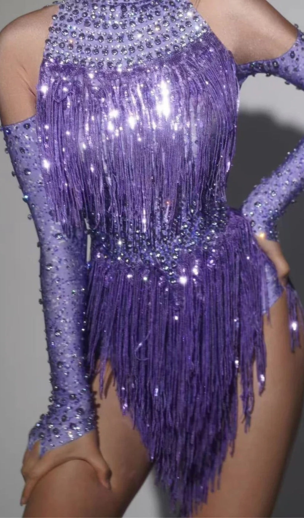 Lakendra Long Sleeve Crystal Fringe Bodysuit In Purple