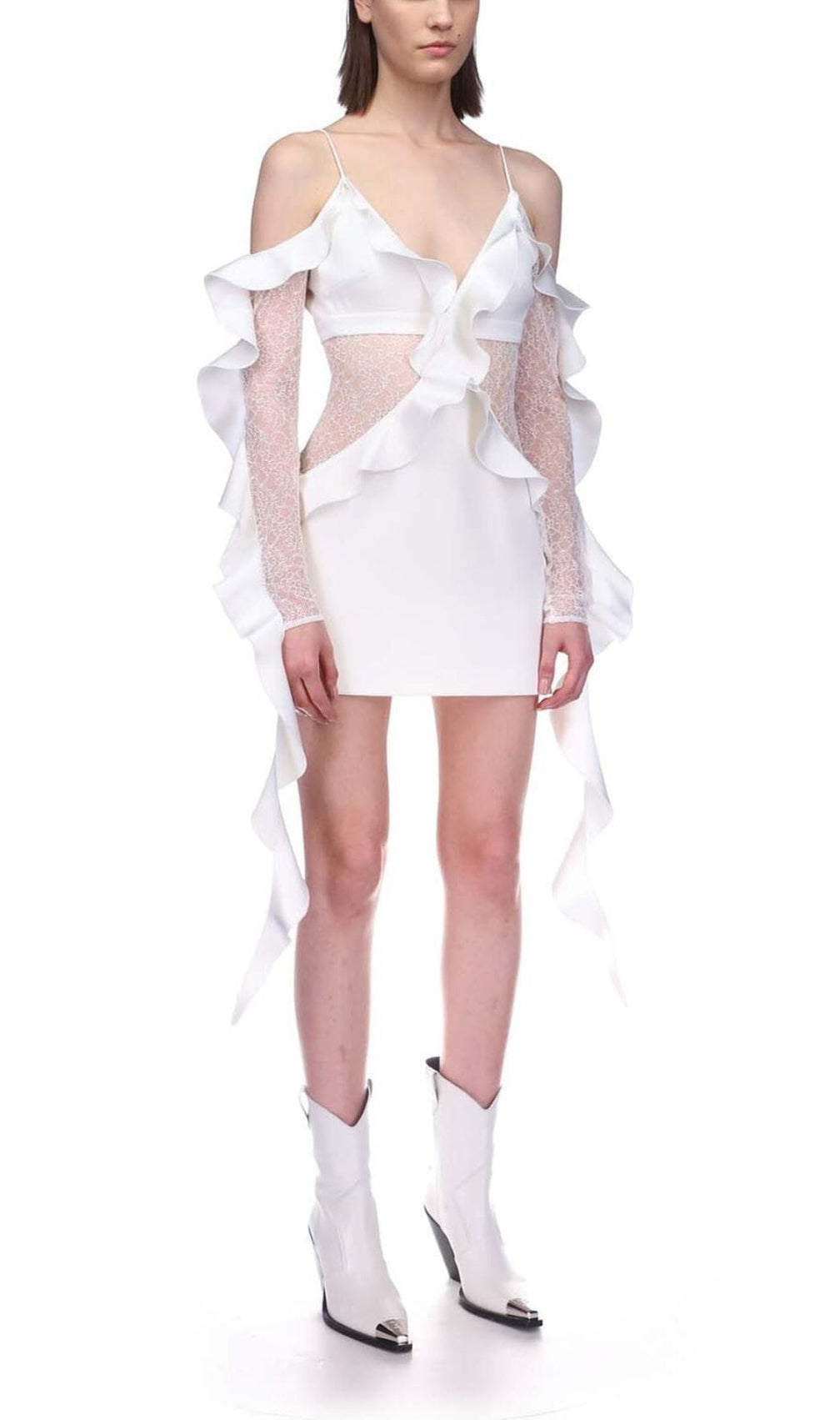 Ruffled Lace Mini Dress In White