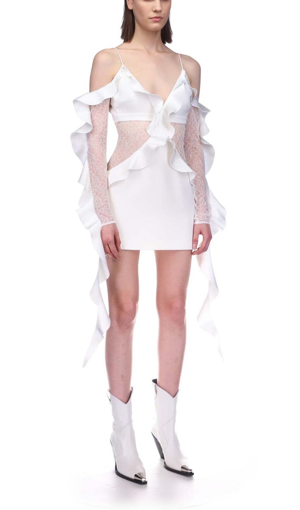 Ruffled Lace Mini Dress In White