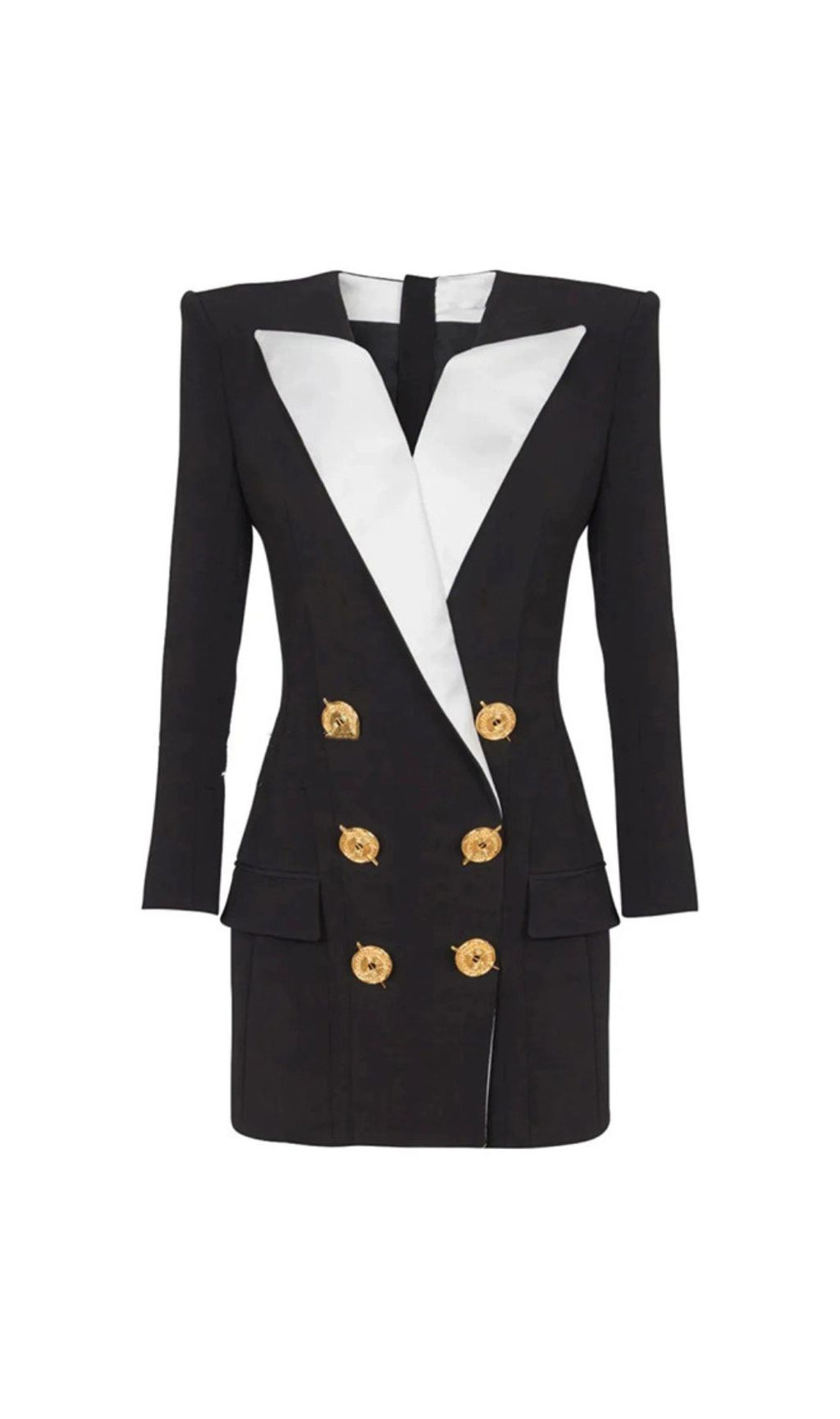 Heulwen Black Double-Breasted Tuxedo Blazer Dress with Contrast Lapels