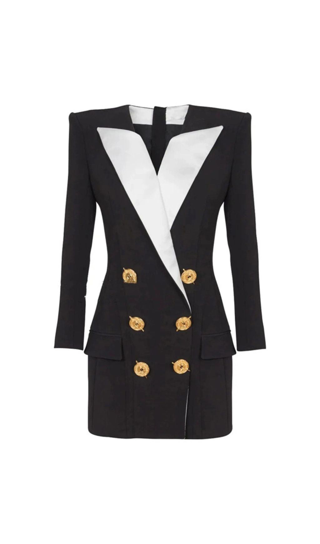 Heulwen Black Double-Breasted Tuxedo Blazer Dress with Contrast Lapels
