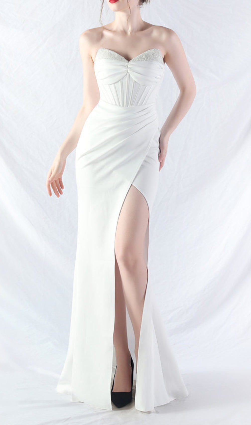 Chizue White Strapless Corset Split Maxi Dress