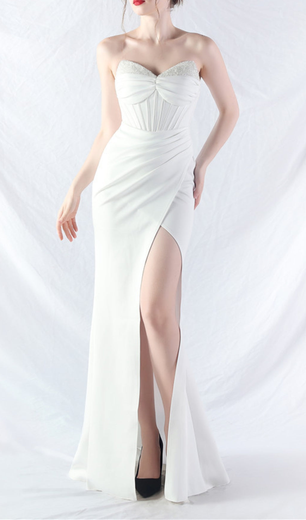 Chizue White Strapless Corset Split Maxi Dress