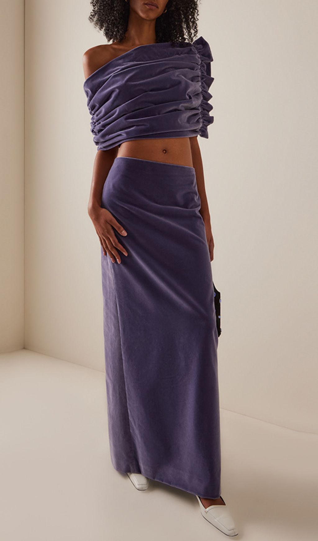 Amethyst Velvet Ruched One-Shoulder Crop Top & Maxi Skirt Set