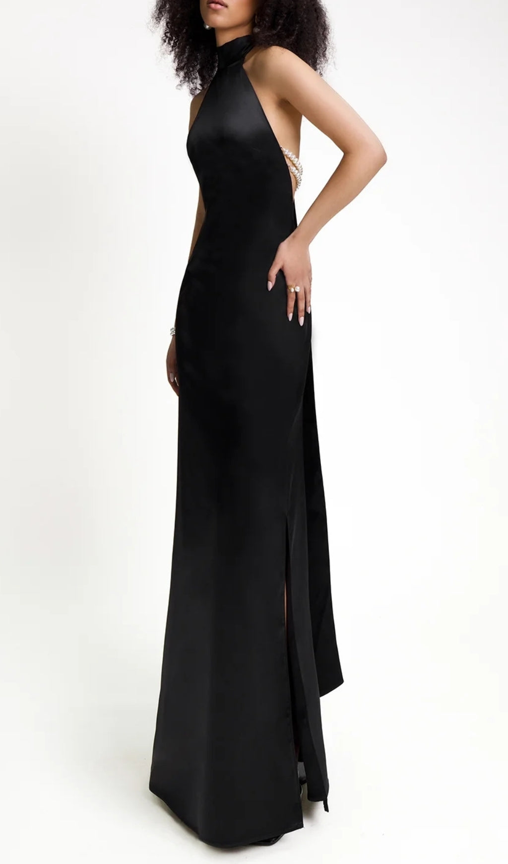 Birger Black Halter Pearl Backless Maxi Dress