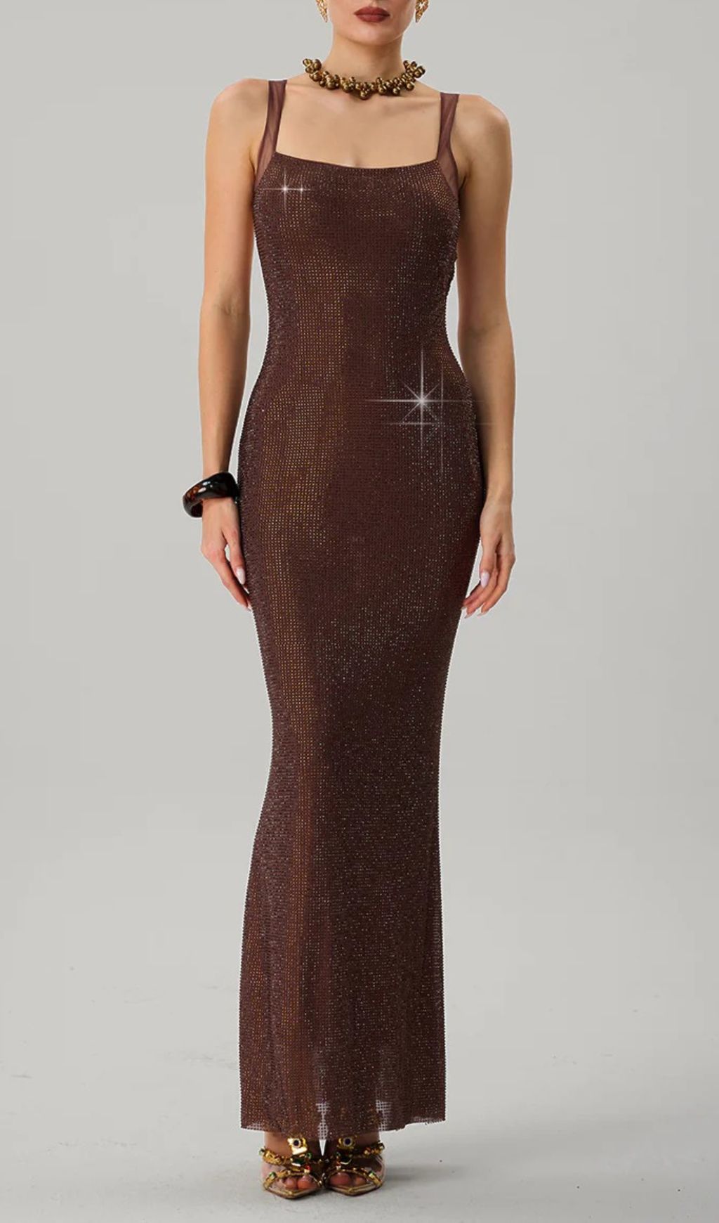 Dazzling Brown Backless Rhinestone Maxi Dress | Glamorous Evening Wear