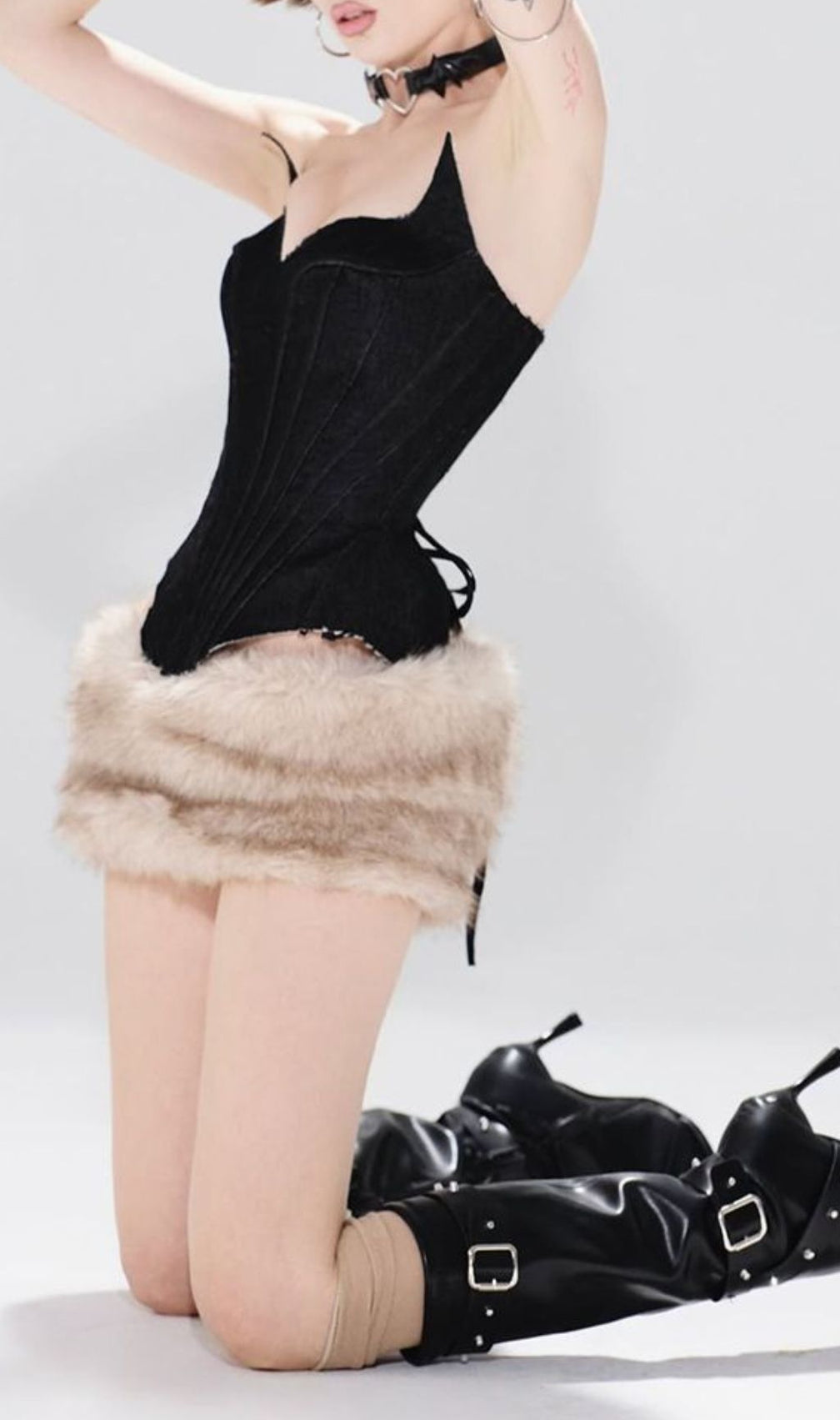 Jocelyn Edgy Corset Top & Faux Fur Mini Skirt Set - Gothic Chic