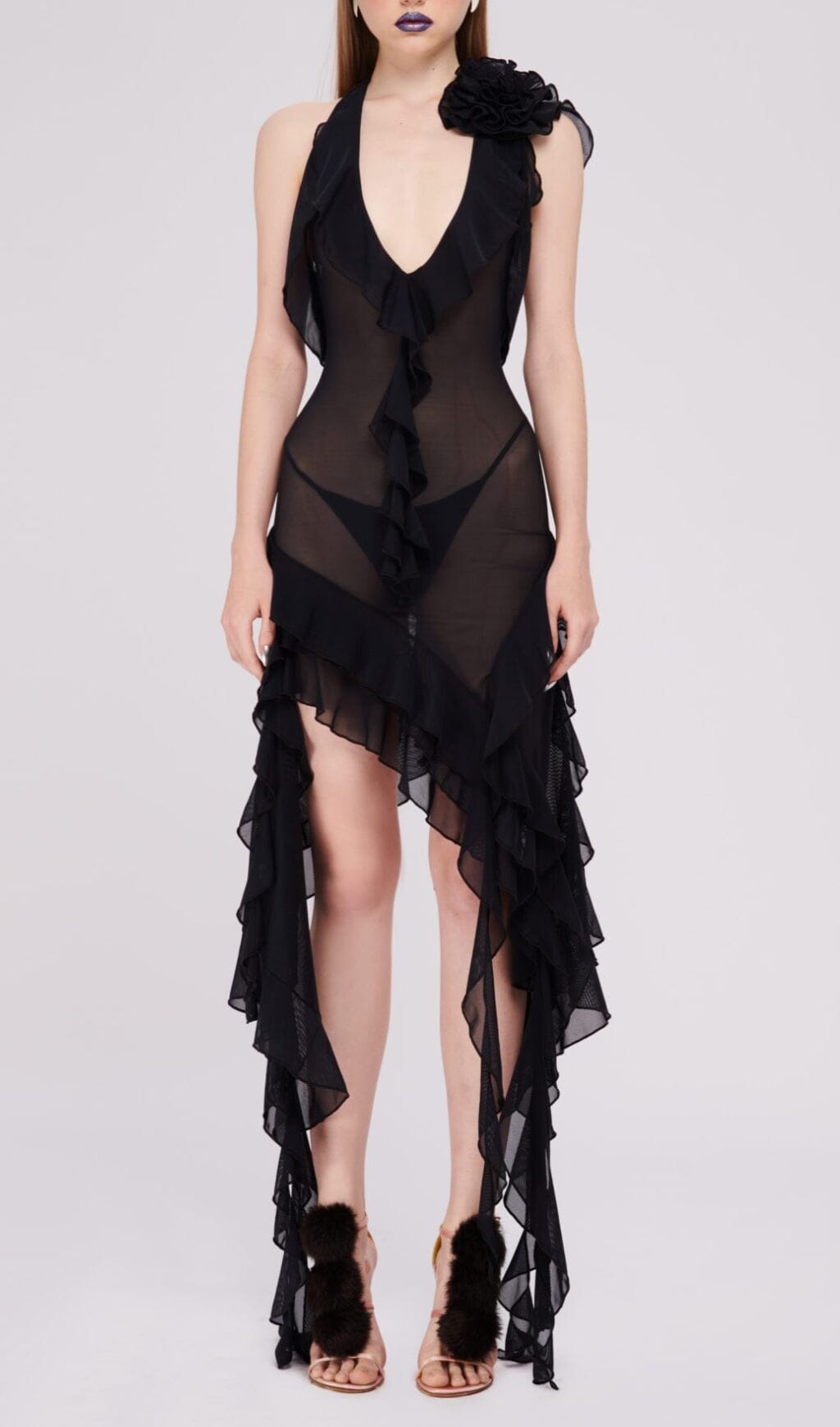Plunging Neckline Ruffle Dress In Black