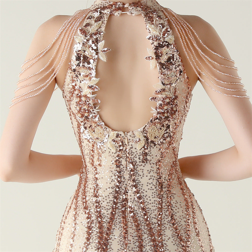 Ikra Glamour Halter Sequin High Slit Maxi Dress - Dazzling Evening Gown