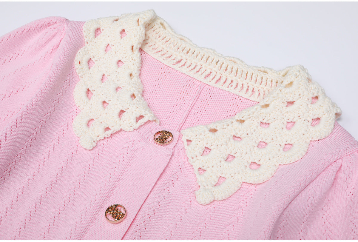 Karolina Pink Crochet Collar Knit Midi Dress - Elegant Button-Front Style